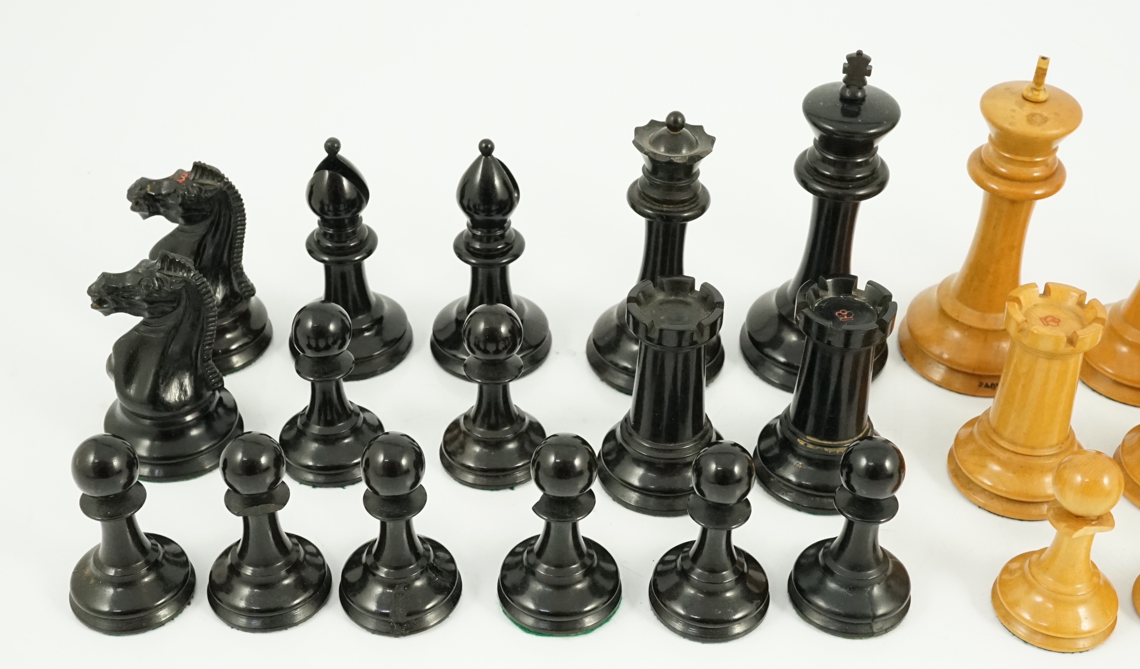 An early Jaques Staunton pattern lead weighted boxwood and ebony chess set, c.1850, Kings 10cm (4in.)